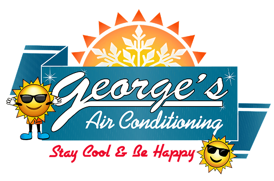 Logo for "George's Air Conditioning" featuring a sun, a snowflake, two cartoon suns wearing sunglasses, and the slogan "Stay Cool & Be Happy.