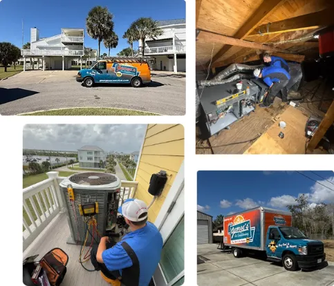 Collage of HVAC technicians working: servicing outdoor and attic units, and colorful service vans parked outside residential homes.