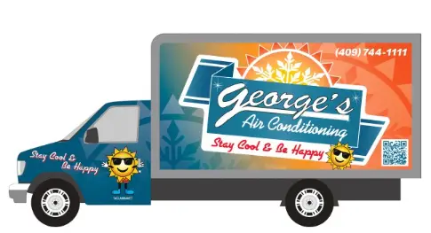 A truck displays "George's Air Conditioning," contact number, QR code, and slogan "Stay Cool & Be Happy" with sun graphics on the side and door.