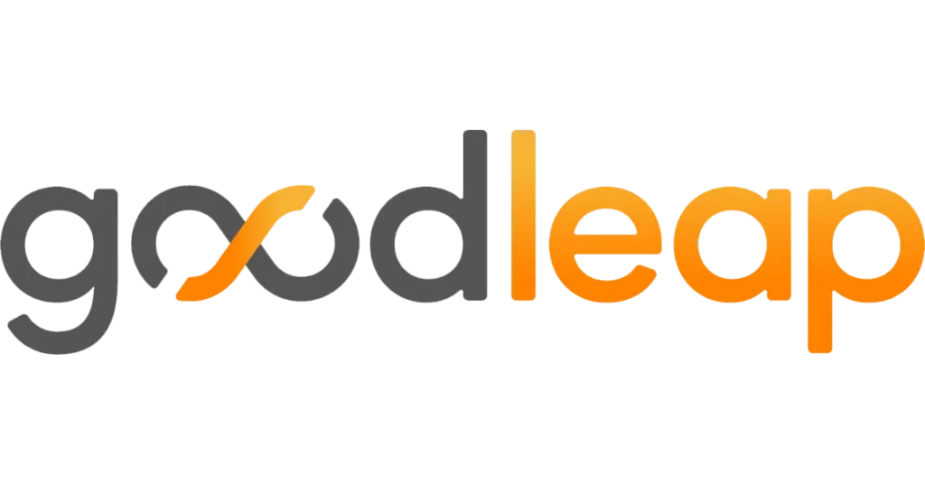 Goodleap logo featuring the word "goodleap" in lowercase letters; "good" in gray, "leap" in orange, with a stylized curved line forming the second "o".